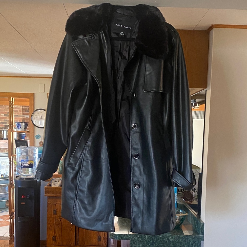 Vince Camuto Black Trench Coat with Fur Collar